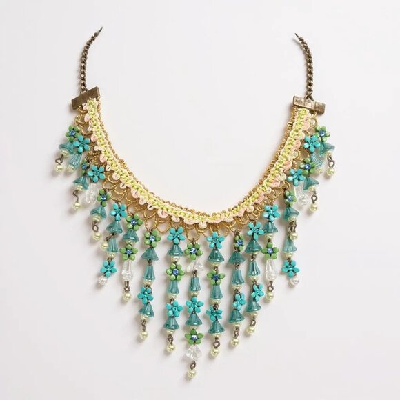 Vintage Gold Tone Thread Multi Blue Bead And Flower Gradual Dangle Necklace - Picture 1 of 1